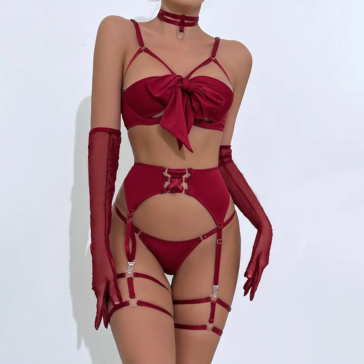 Sexy Lingerie Set Bow Bra Black Temptation Four Piece Set ATHLEXES
