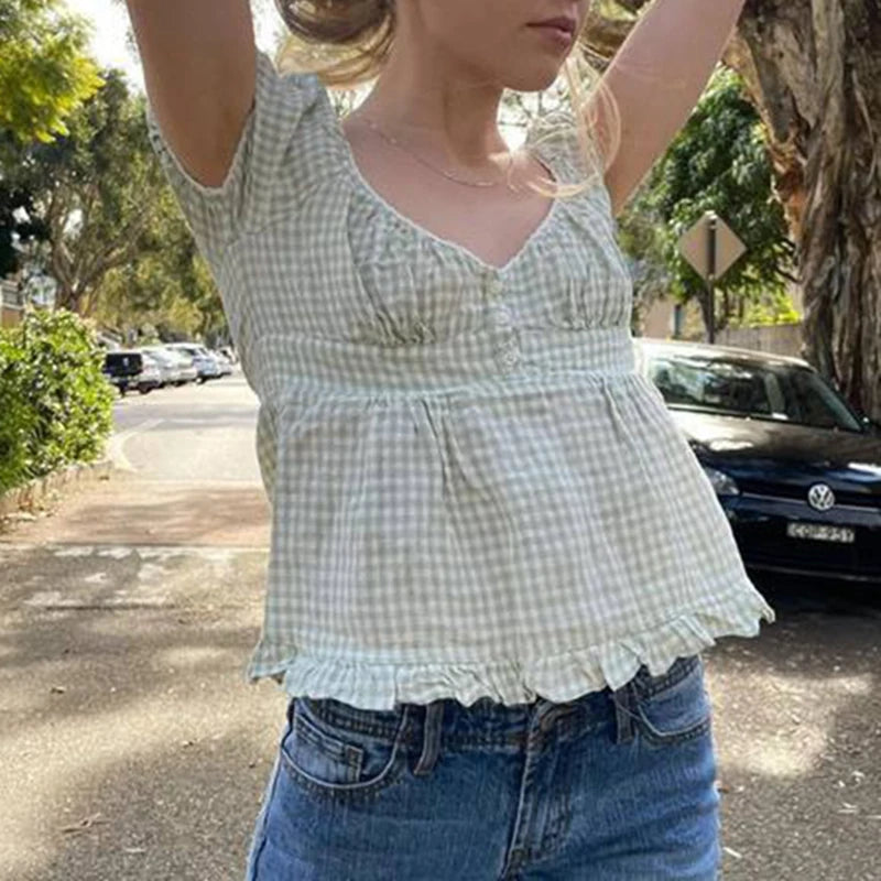 Maemukilabe Retro Kawaii Milkmaid Summer Crop Tee ATHLEXES