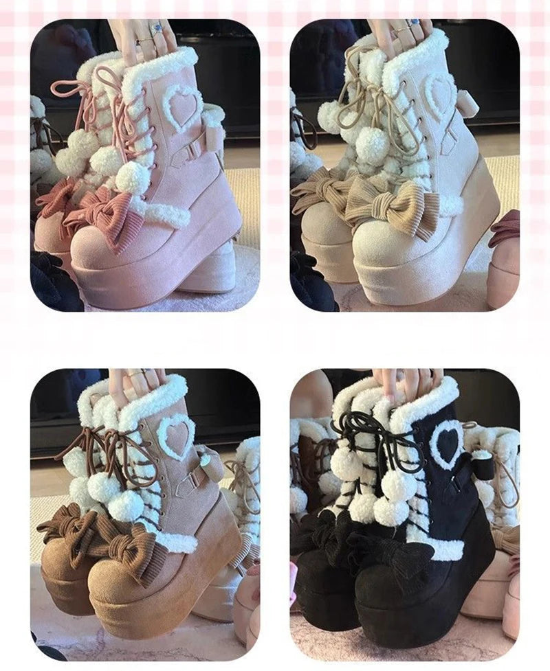 Chic Winter Lolita Mid-Calf Snow Boots with Bowknots ATHLEXES