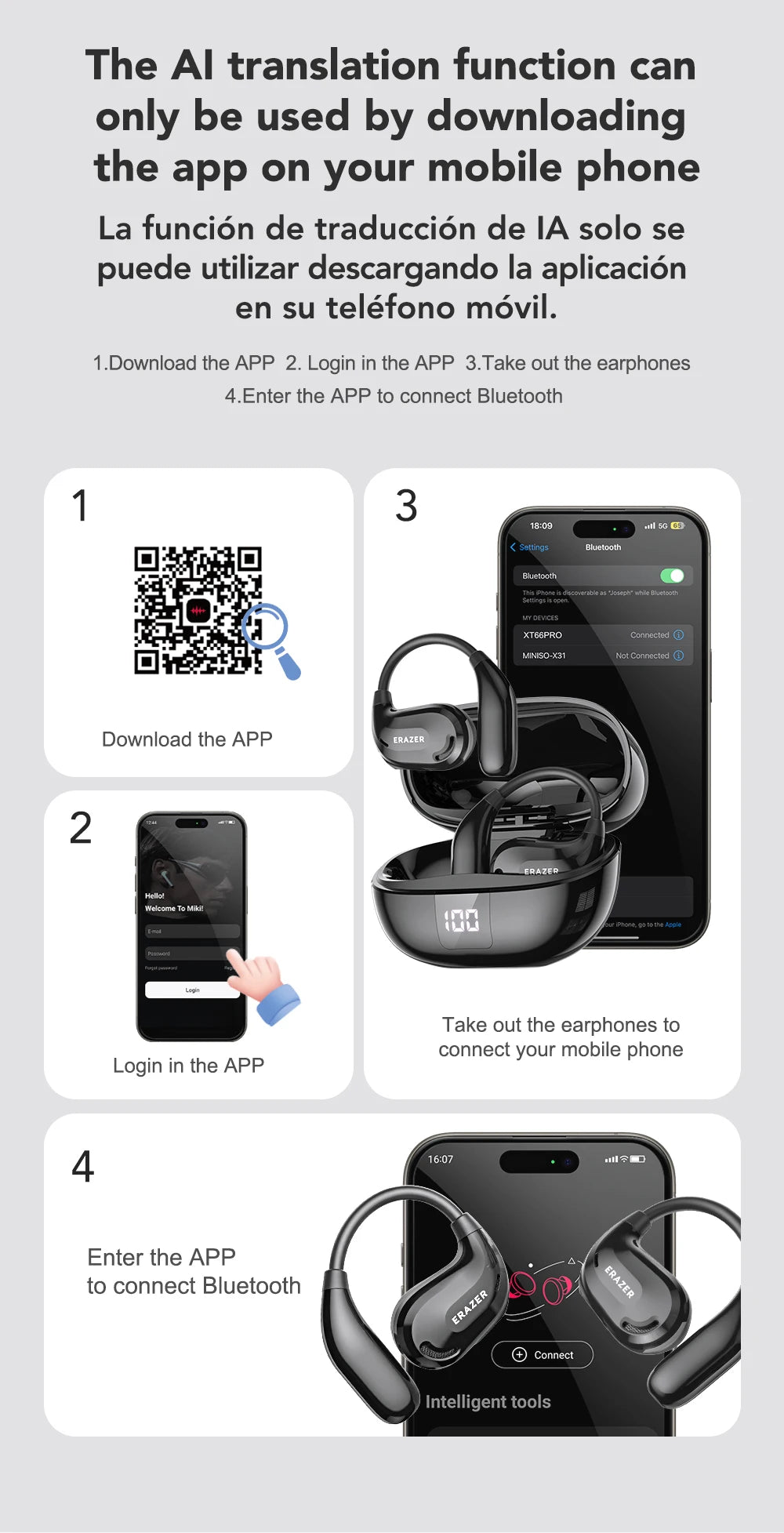 ERAZER XT66PRO Smart Bluetooth Earbuds with Translator ATHLEXES