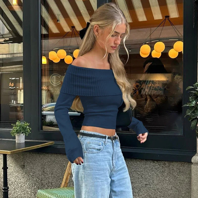 WhereMery Elegant Slash-neck Ribbed Solid Crop Tops Autumn Skinny Off Shoulder Long Sleeve T Shirt French Gentle Tight T-shirts ATHLEXES