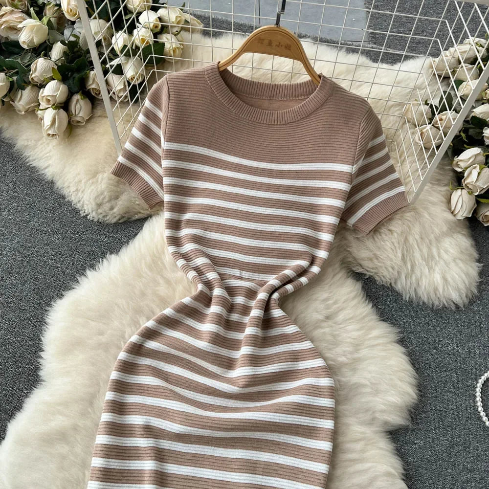 Chic Striped Knit Midi Dress for Summer Style ATHLEXES