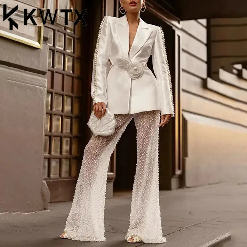 Elegant 3D Flower Blazer and Wide Leg Pant Set ATHLEXES