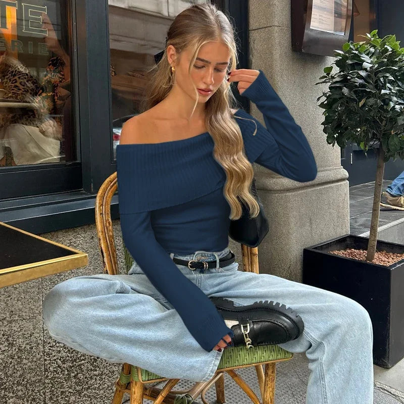 WhereMery Elegant Slash-neck Ribbed Solid Crop Tops Autumn Skinny Off Shoulder Long Sleeve T Shirt French Gentle Tight T-shirts ATHLEXES