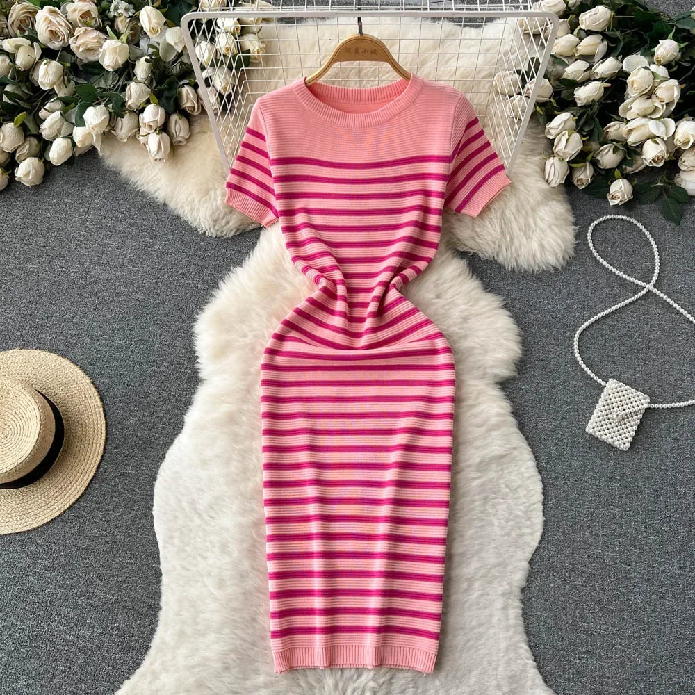 Chic Striped Knit Midi Dress for Summer Style ATHLEXES