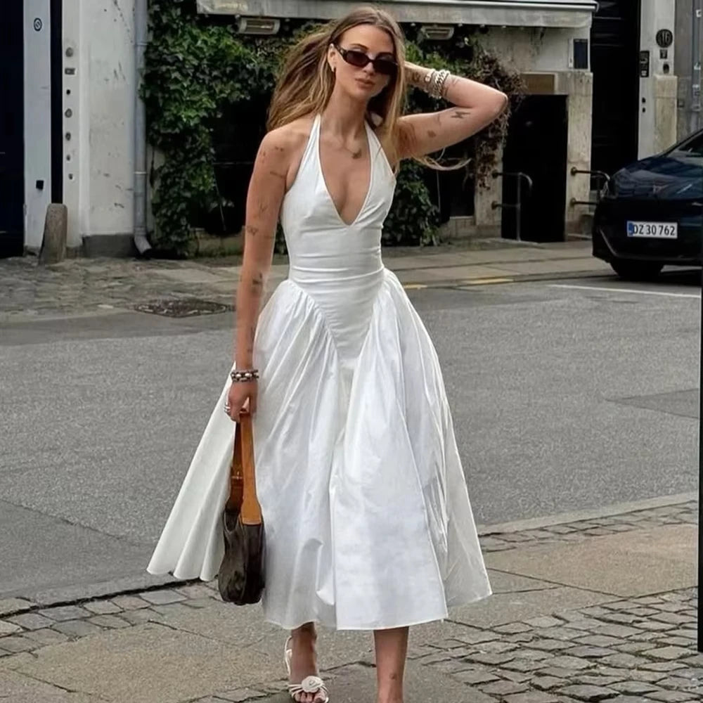 Chic White Backless Halter Dress for Summer Events ATHLEXES
