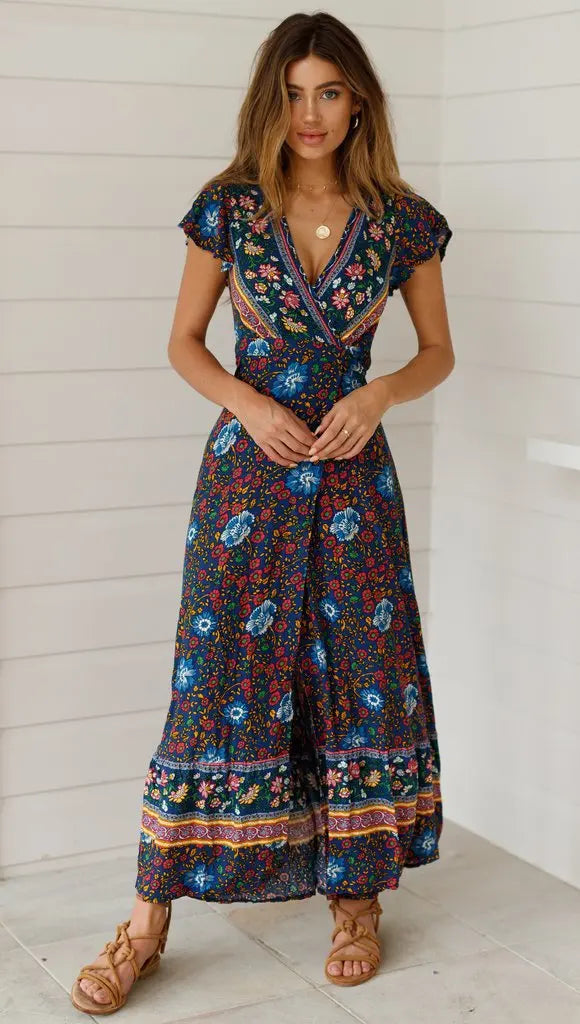 Boho Chic Floral V Neck Summer Dress ATHLEXES