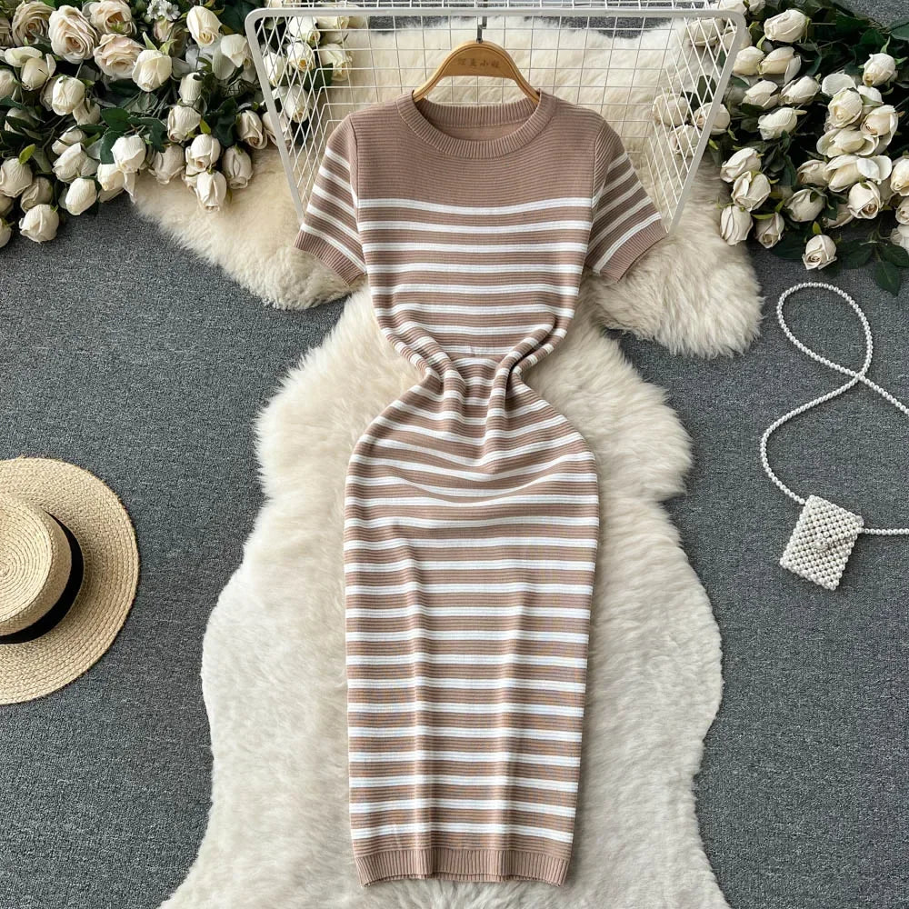Chic Striped Knit Midi Dress for Summer Style ATHLEXES