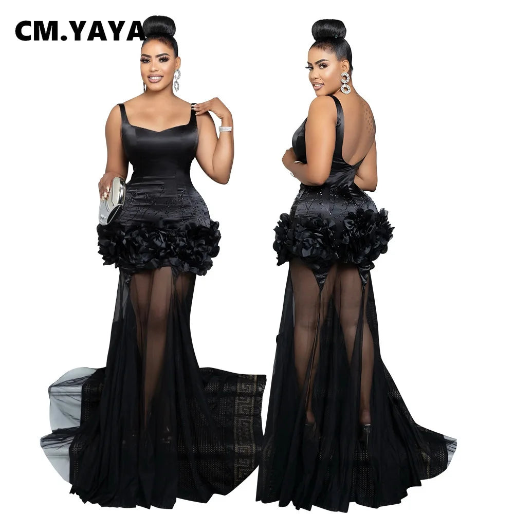 Elegant 3D Floral Mesh Mermaid Maxi Dress ATHLEXES