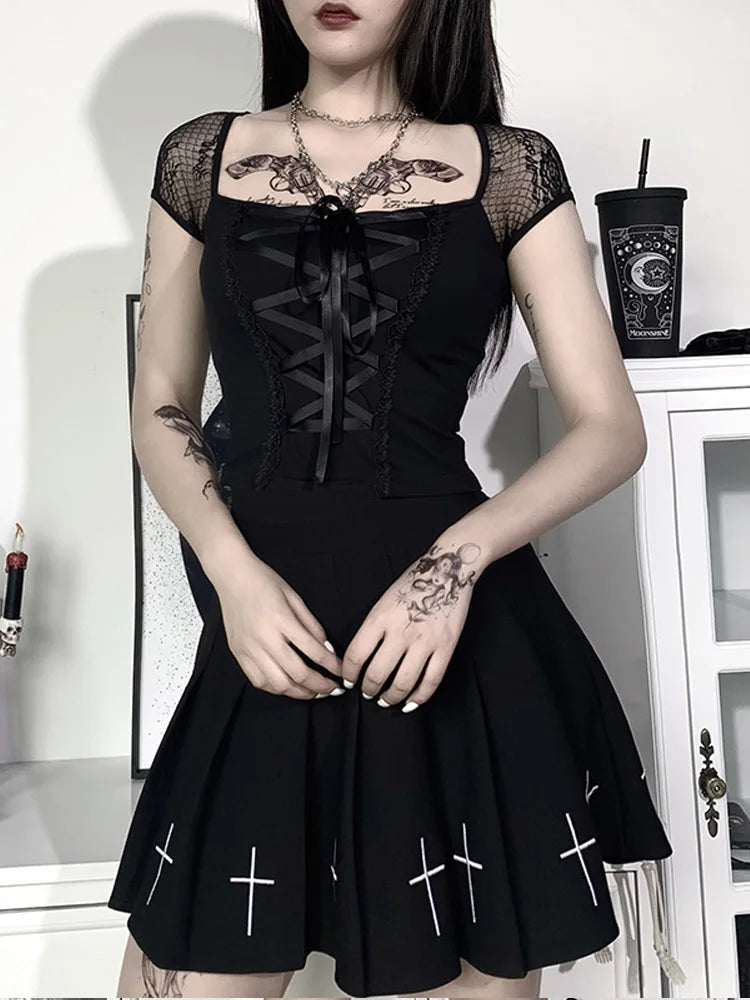 Gothic Lace Bodycon Top for Women Streetwear Chic ATHLEXES