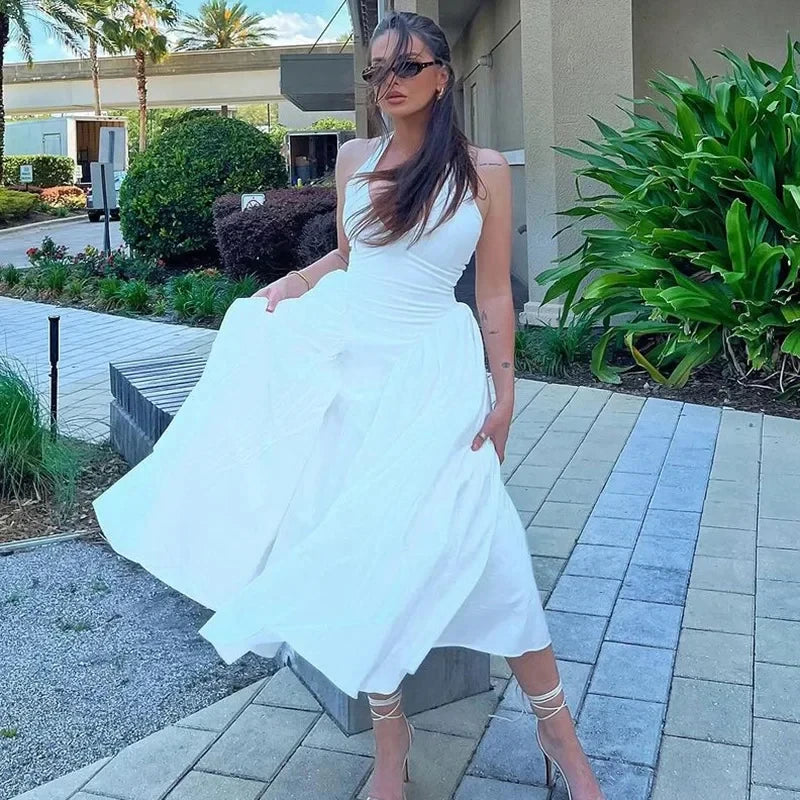 Chic White Backless Halter Dress for Summer Events ATHLEXES