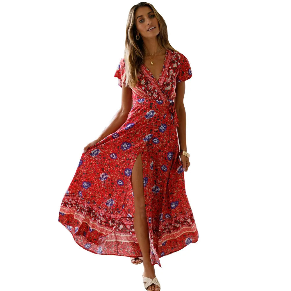 Chic V Neck Summer Slit Maxi Dress for Women ATHLEXES