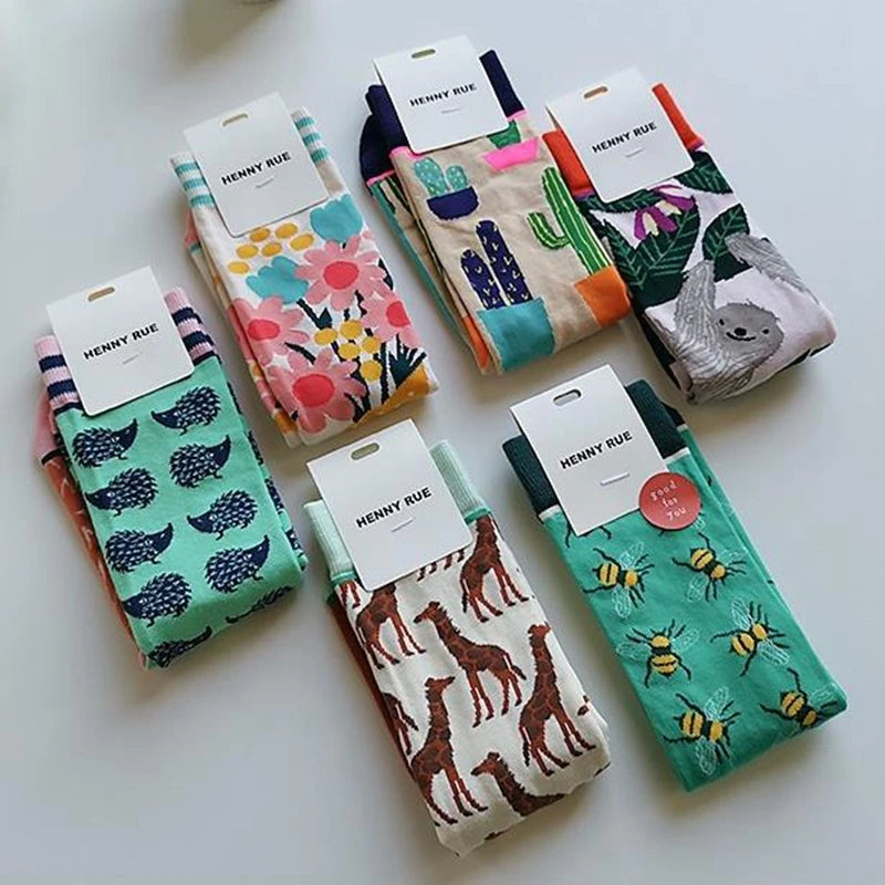 Colorful Cotton Women's Socks - Trendy Hedgehog & Sloth Designs ATHLEXES