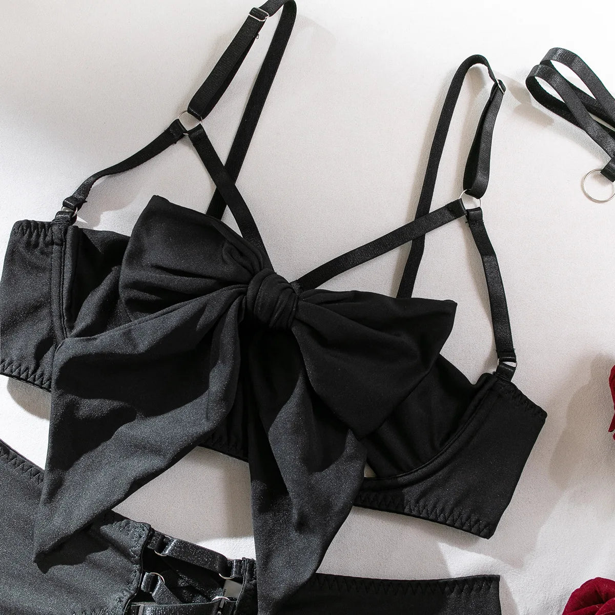 Sexy Lingerie Set Bow Bra Black Temptation Four Piece Set ATHLEXES