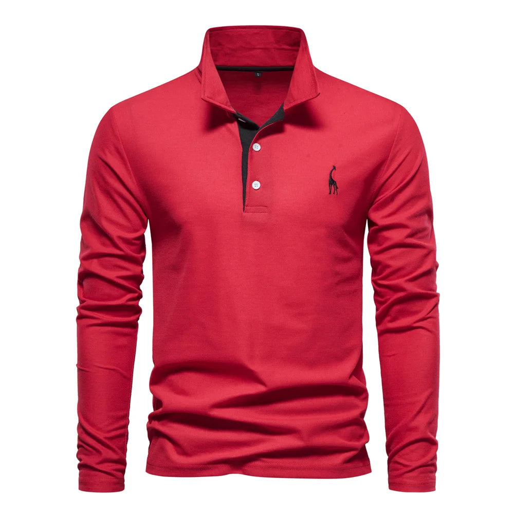 AIOPESON Deer Embroidery Long Sleeve Polo Shirt ATHLEXES