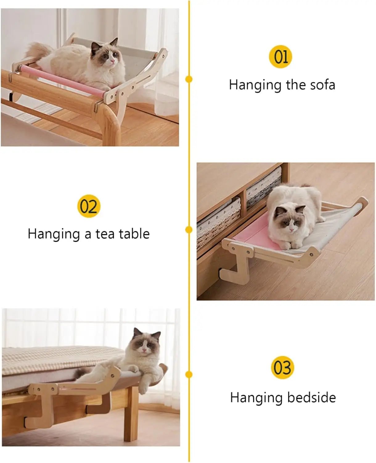 Pet Cat Window Hammock Bed Wooden Assembly Cat Bed Cotton Canvas Easy Washable Adjustable Cattail Small Cats/Dogs Nest ATHLEXES