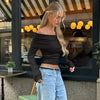 WhereMery Elegant Slash-neck Ribbed Solid Crop Tops Autumn Skinny Off Shoulder Long Sleeve T Shirt French Gentle Tight T-shirts ATHLEXES