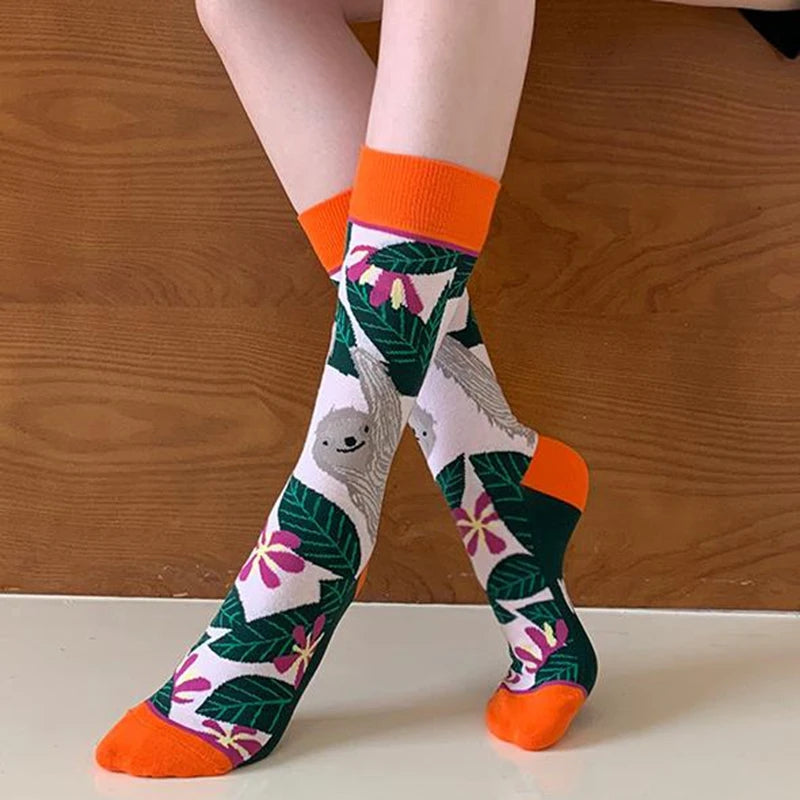 Colorful Cotton Women's Socks - Trendy Hedgehog & Sloth Designs ATHLEXES