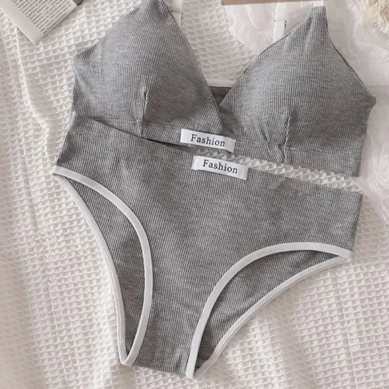 Women Cotton Bra Set Sexy Briefs Low Waist Panties Wire Free Bralette Lingerie Set ATHLEXES