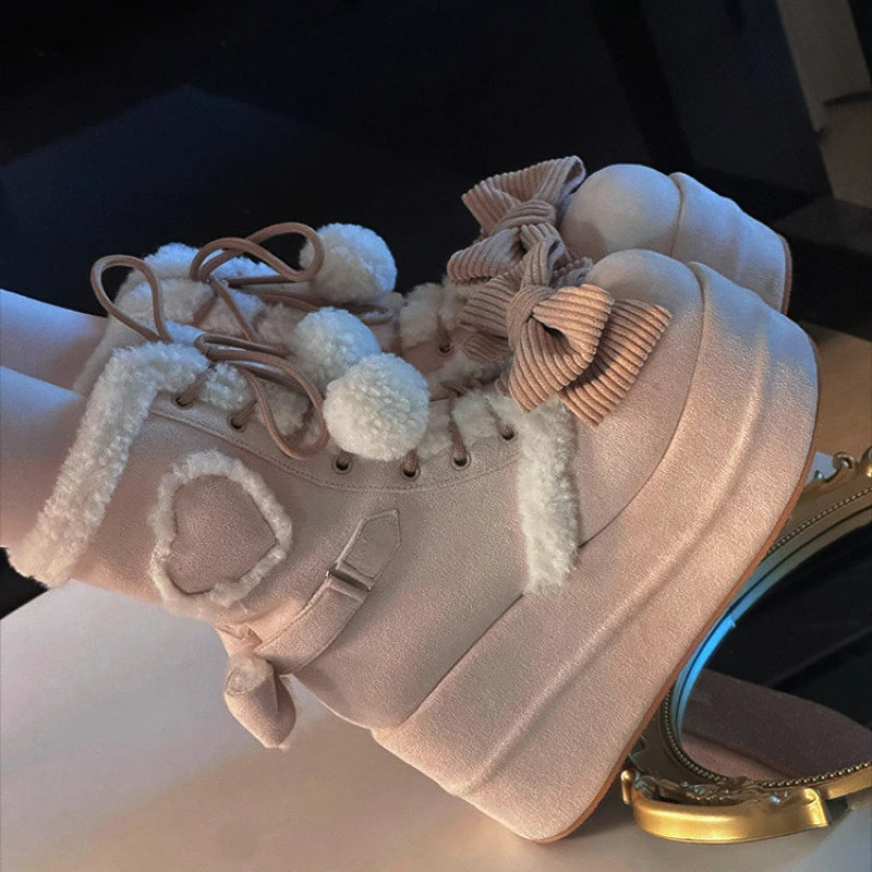 Chic Winter Lolita Mid-Calf Snow Boots with Bowknots ATHLEXES