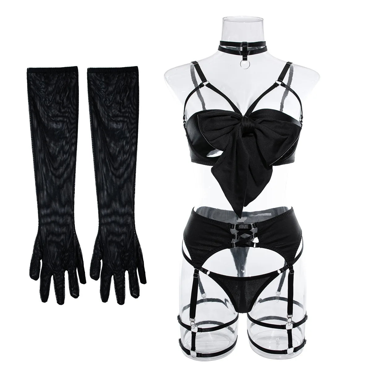 Sexy Lingerie Set Bow Bra Black Temptation Four Piece Set ATHLEXES