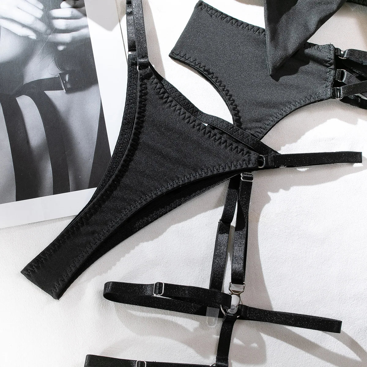 Sexy Lingerie Set Bow Bra Black Temptation Four Piece Set ATHLEXES