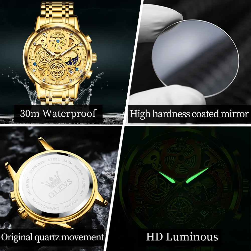 OLEVS Luxury Waterproof Gold Skeleton Watch ATHLEXES