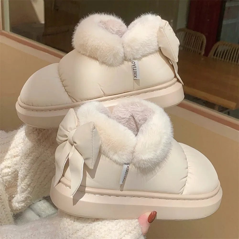 Cute Warm Ankle Boots Winter Women's Bow Warmth Plush Bow Cotton Shoes 2024 New Waterproof Down Cloth Short Barrel Snow Boots ATHLEXES