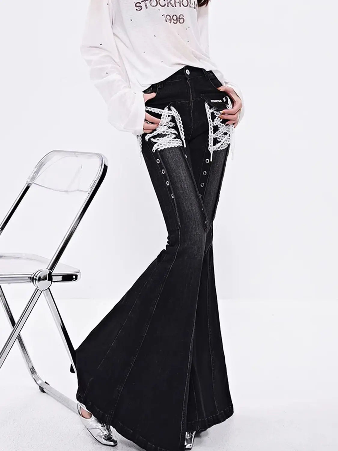 Luxe Y2K Lace Flare Jeans for Trendy Women ATHLEXES