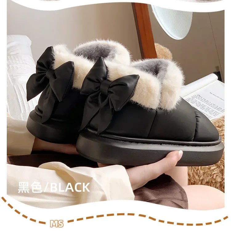 Cute Warm Ankle Boots Winter Women's Bow Warmth Plush Bow Cotton Shoes 2024 New Waterproof Down Cloth Short Barrel Snow Boots ATHLEXES