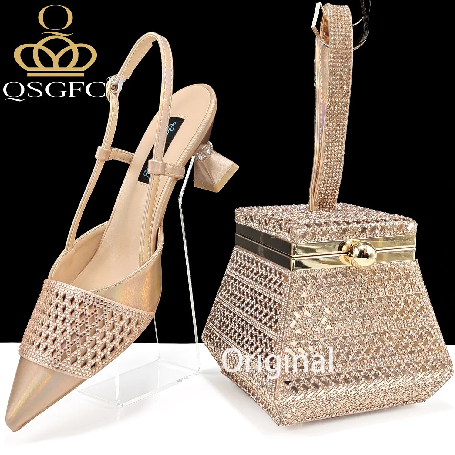 Nigeria Fashion Rhinestone-encrusted Ladies Party Shoes And Special bag High Heels And Dual Purpose Mini Bag Women's Shoes ATHLEXES