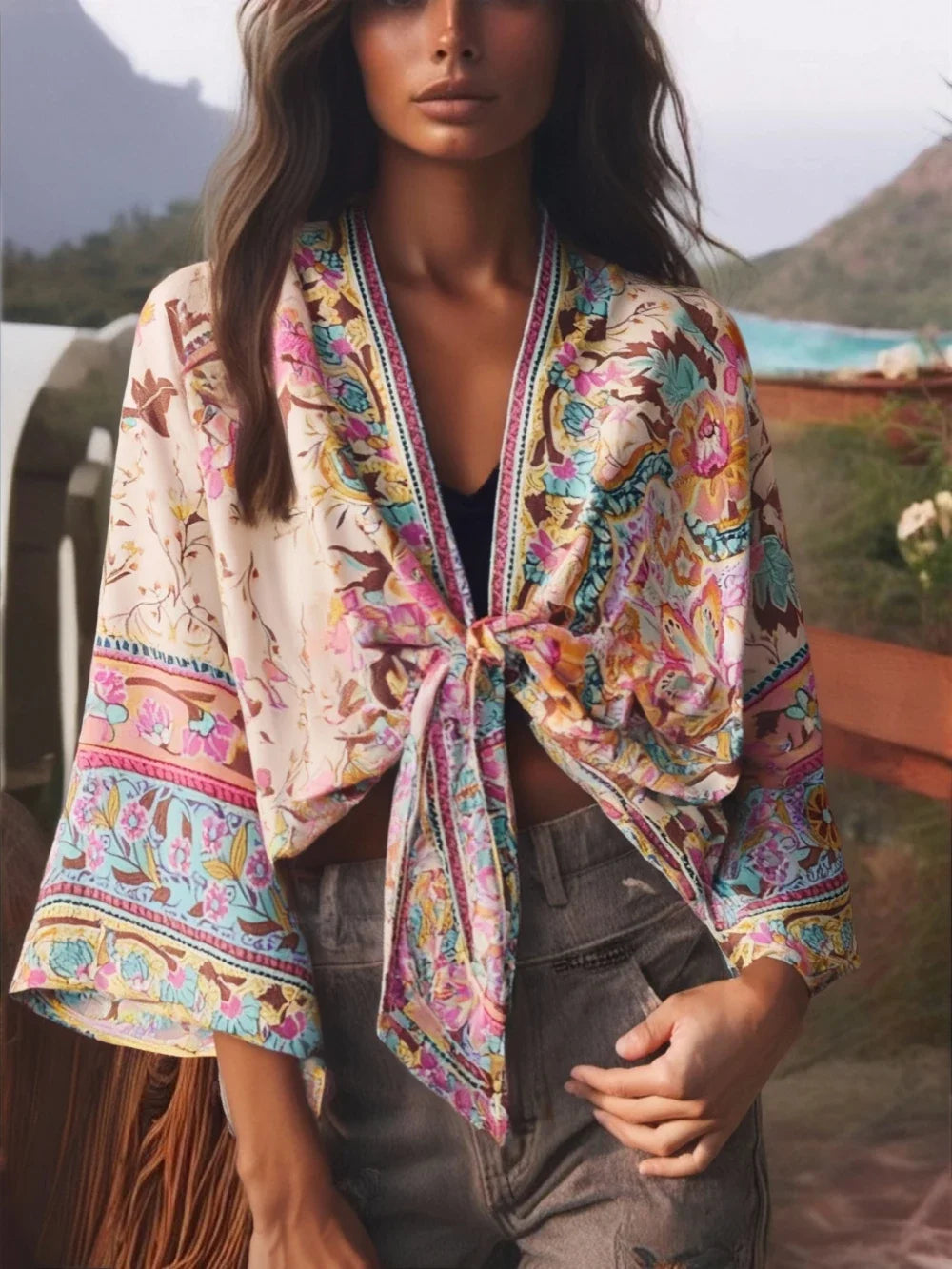 Happie Queens Boho Floral Kimono Bikini Cover-up ATHLEXES