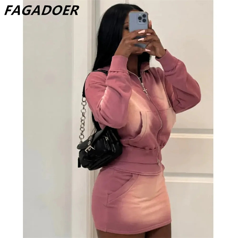 FAGADOER Pink Tie Dye Crop & Skirt Set for Women ATHLEXES