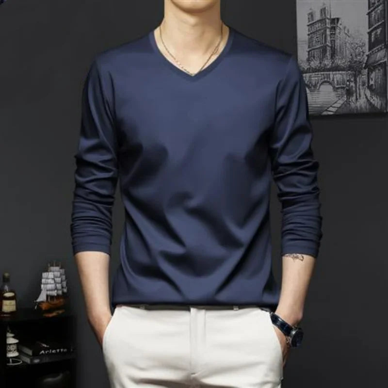 Autumn New Promotion Ice Silk Men's V-Neck Casual Top 2023 ATHLEXES
