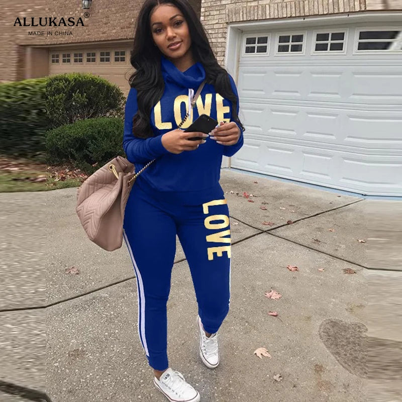 Chic Love Print High Neck Hoodie and Pants Set ATHLEXES