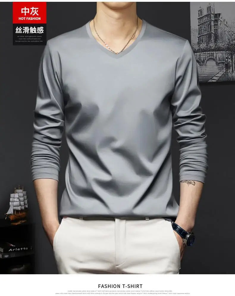 Autumn New Promotion Ice Silk Men's V-Neck Casual Top 2023 ATHLEXES