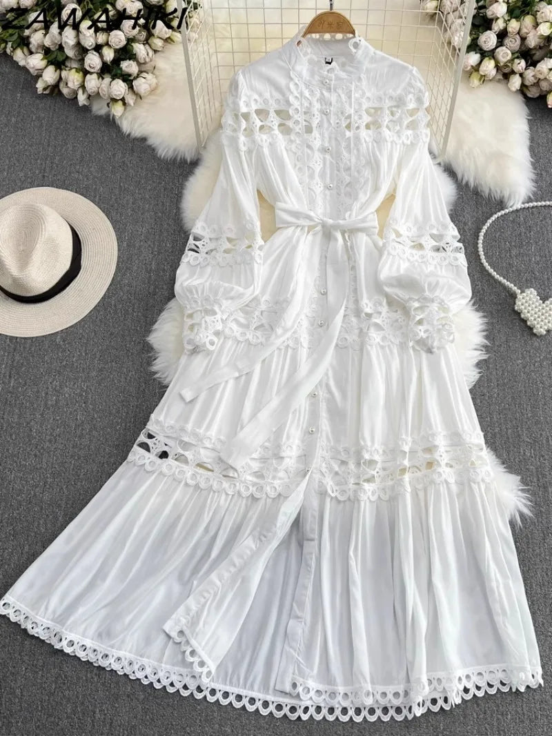 Elegant Hollow Out Lace Long Sleeve Dress ATHLEXES