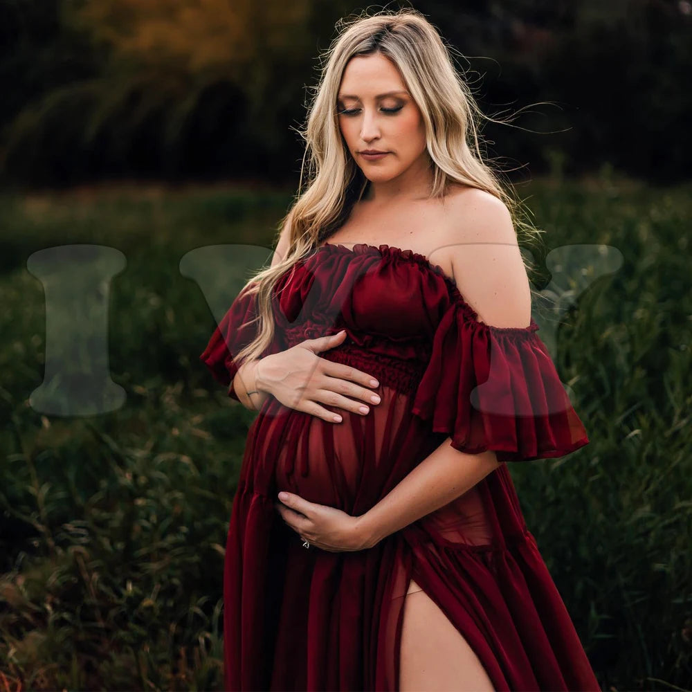 Elegant Maternity Off Shoulder Chiffon Dress ATHLEXES