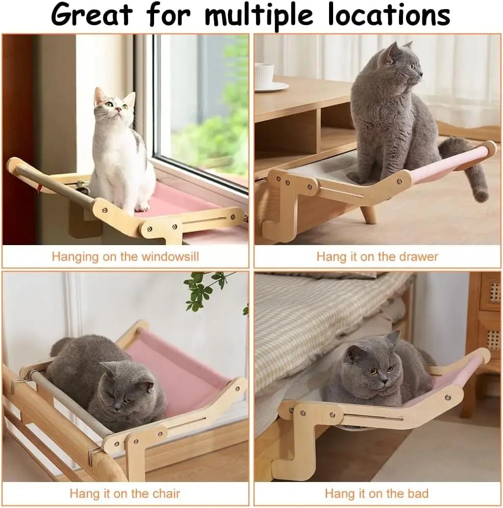 Pet Cat Window Hammock Bed Wooden Assembly Cat Bed Cotton Canvas Easy Washable Adjustable Cattail Small Cats/Dogs Nest ATHLEXES