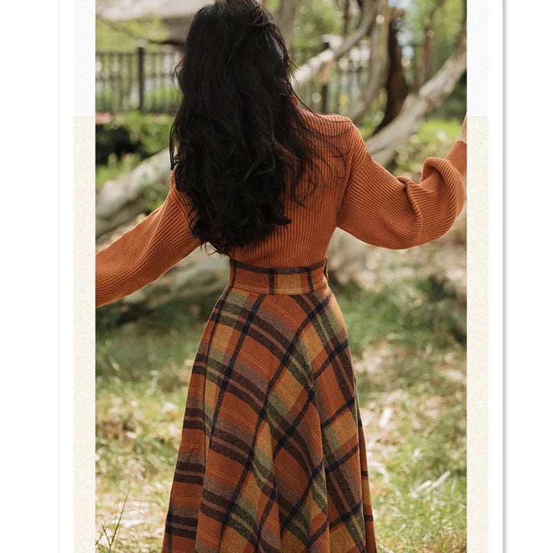 Women’s Vintage Plaid Two-Piece Skirt and Sweater Set ATHLEXES