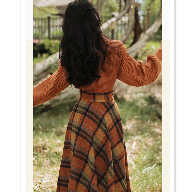 French Lady Vintage Plaid Sweater & High Waist Skirt Set ATHLEXES