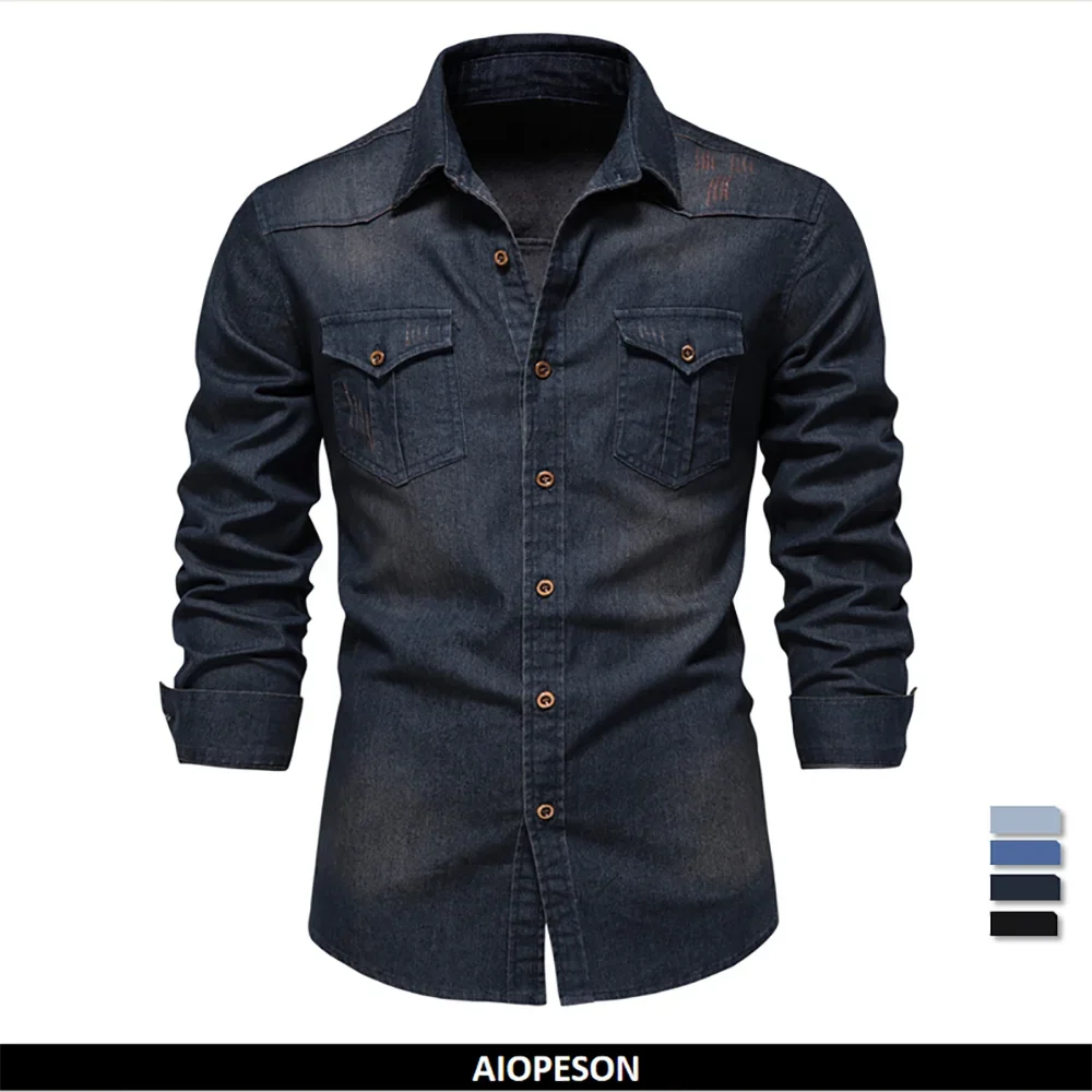 AIOPESON Men's Casual Cotton Denim Shirt ATHLEXES