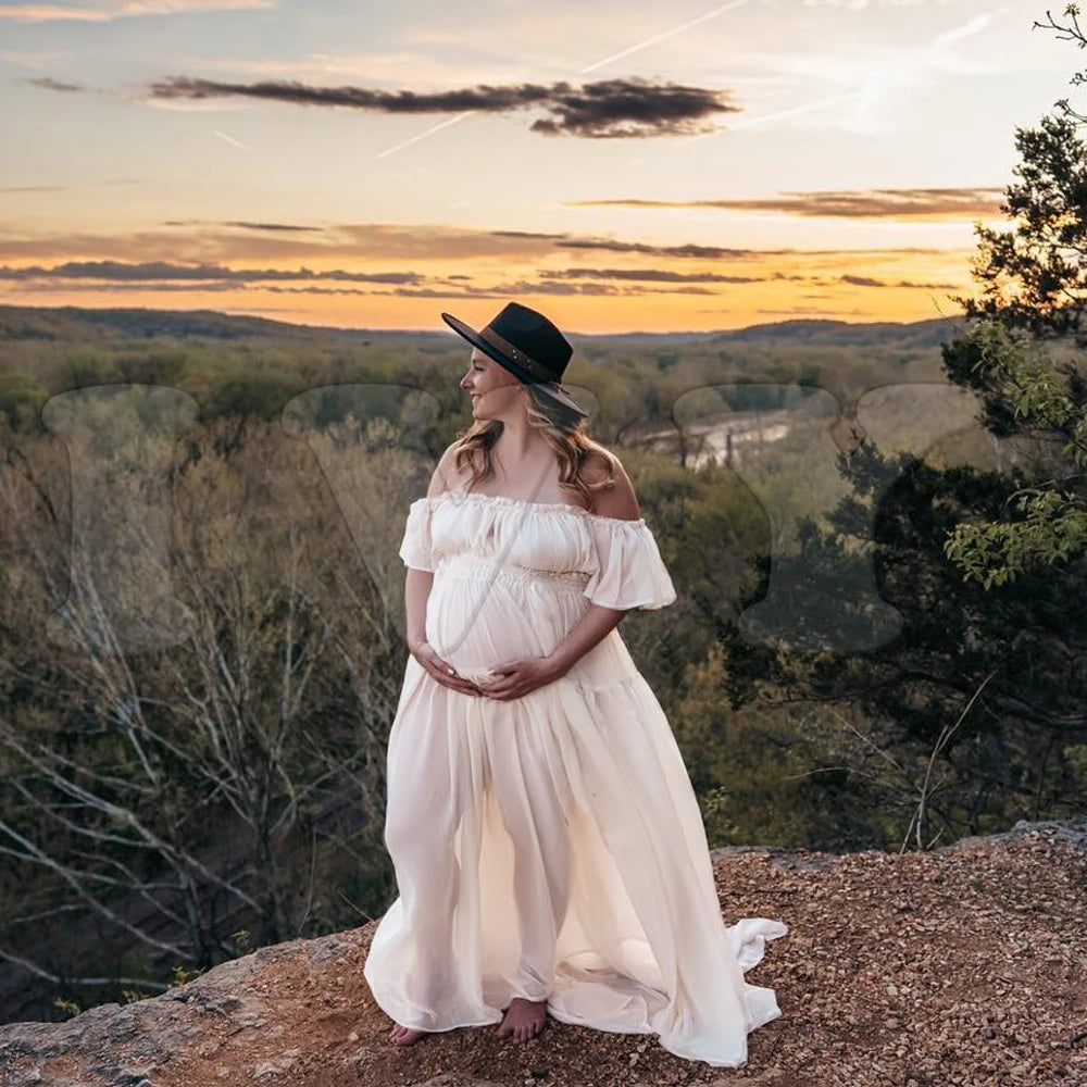 Elegant Maternity Off Shoulder Chiffon Dress ATHLEXES