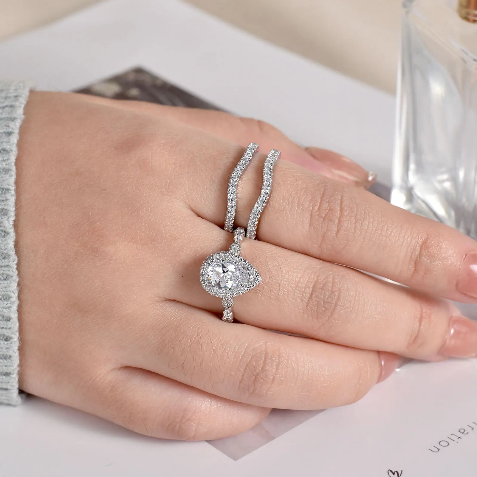 Newshe Sterling Silver Pear Cut Ring Enhancer Set ATHLEXES