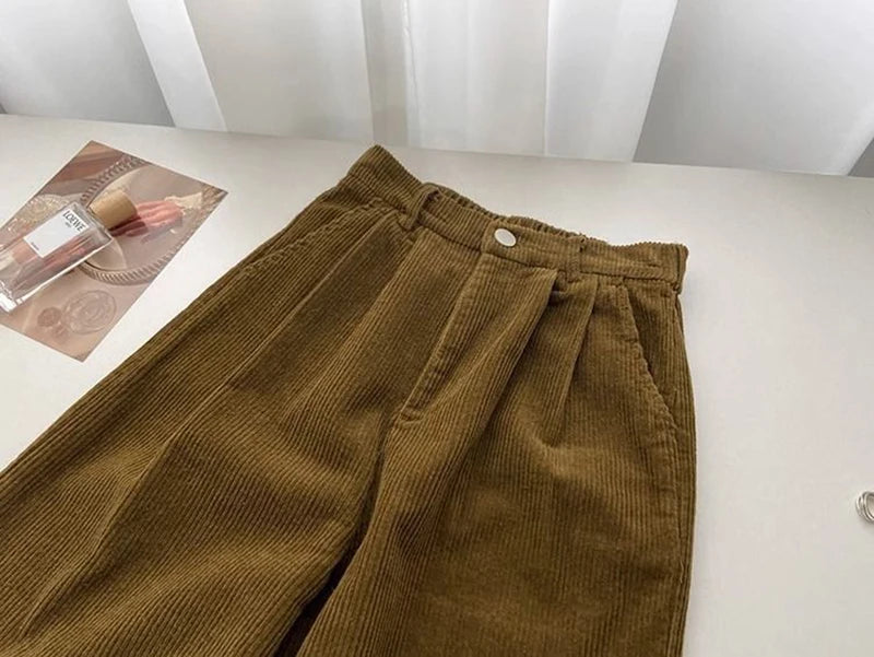 Retro High Waist Corduroy Pants Women Spring Fall Straight Causal Full Length Trousers Korean Fashion Baggy All Match Black Pant ATHLEXES