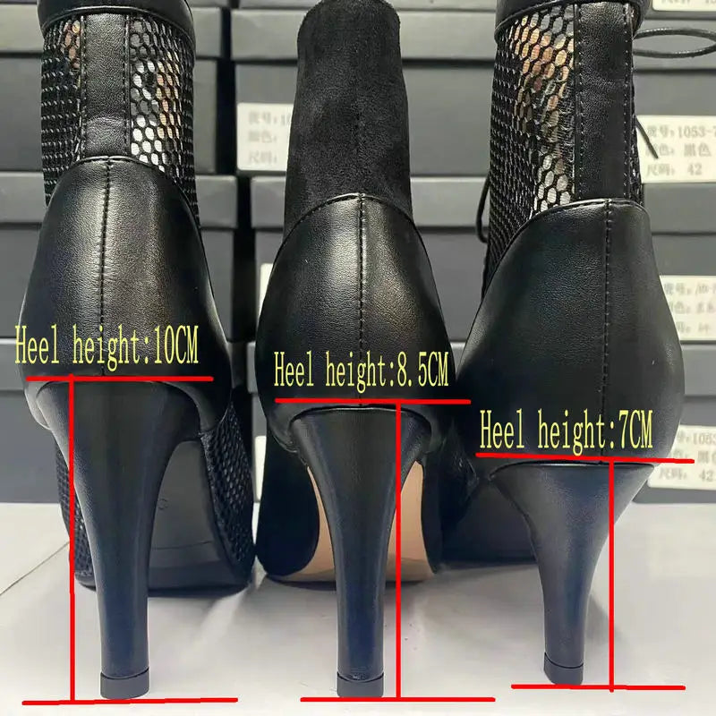 New Sexy High Heels Hollow Mesh Sandals Summer Fashion Trend Comfort Peep Toe Boots Stilettos Jazz Dance Female Shoes Plus Size ATHLEXES