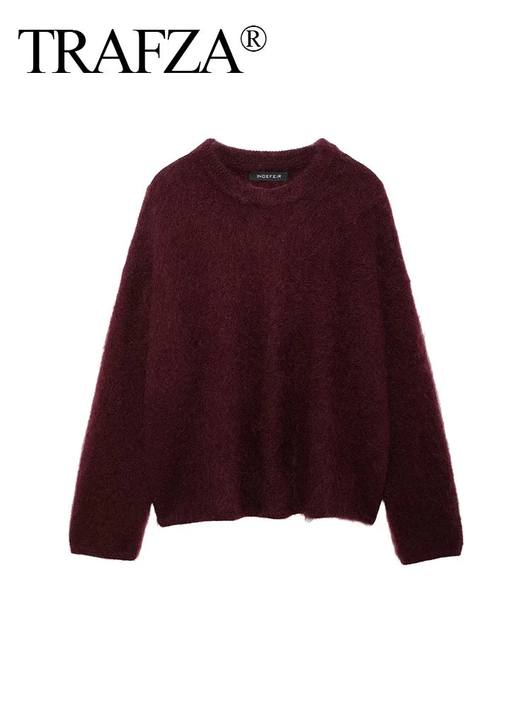 TRAFZA Winter Women Burgundy Long Sleeve Pullovers Casual O-neck Loose Fluffy Fuzzy Jumper Sweater Female Fashion Knitted Tops ATHLEXES