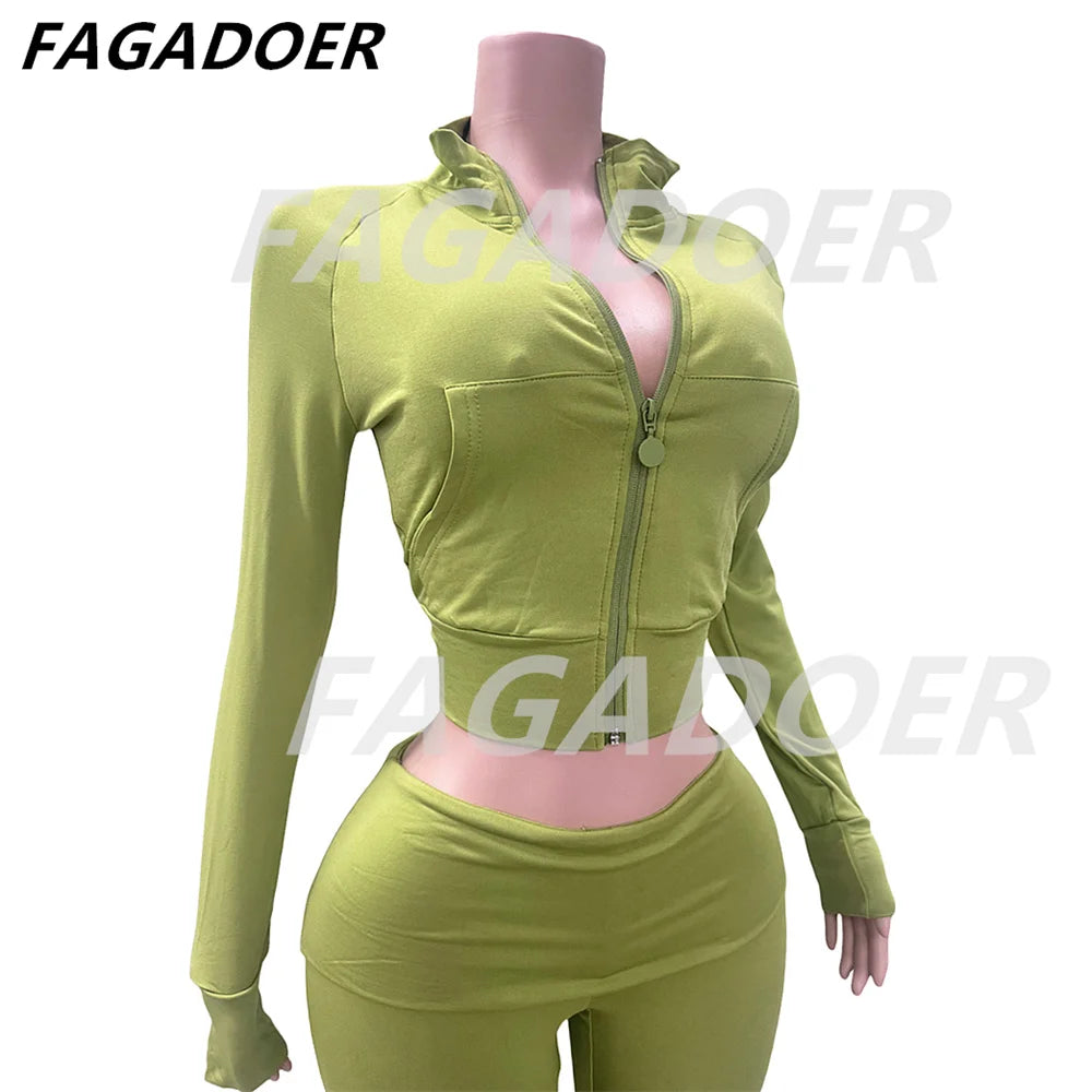 FAGADOER Casual Zip Pocket Crop Top & High Waist Leggings Set ATHLEXES