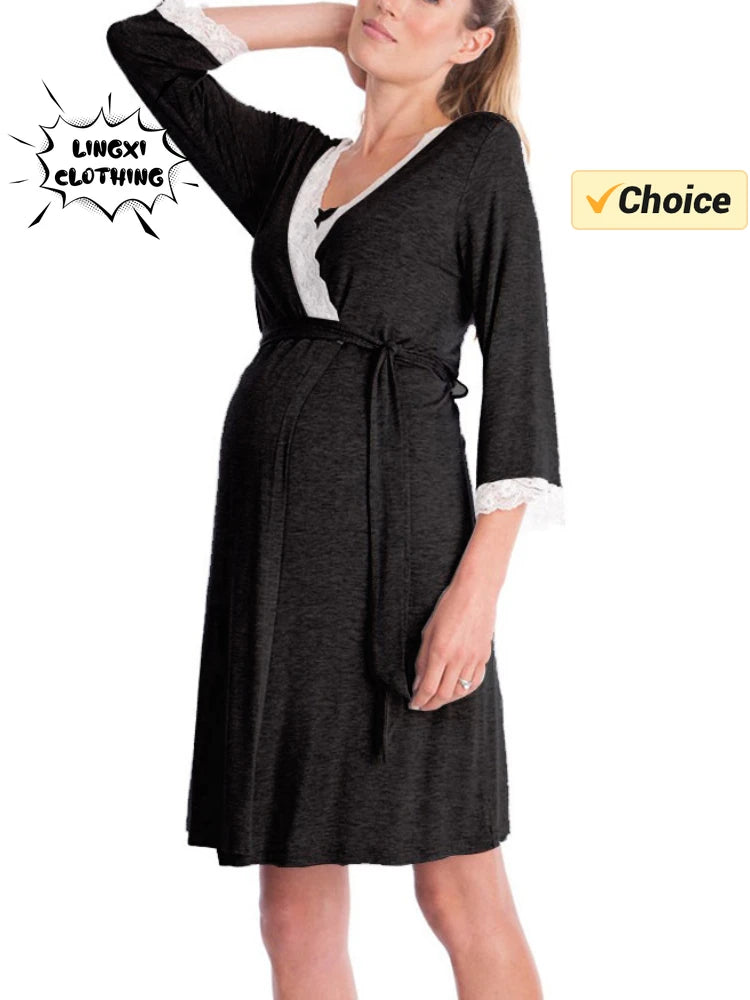 Elegant Maternity Lace Tie Pajama Set ATHLEXES