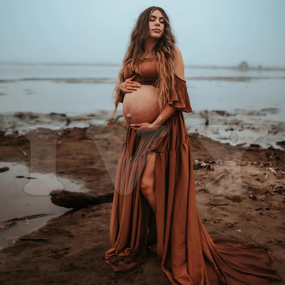 Elegant Maternity Off Shoulder Chiffon Dress ATHLEXES